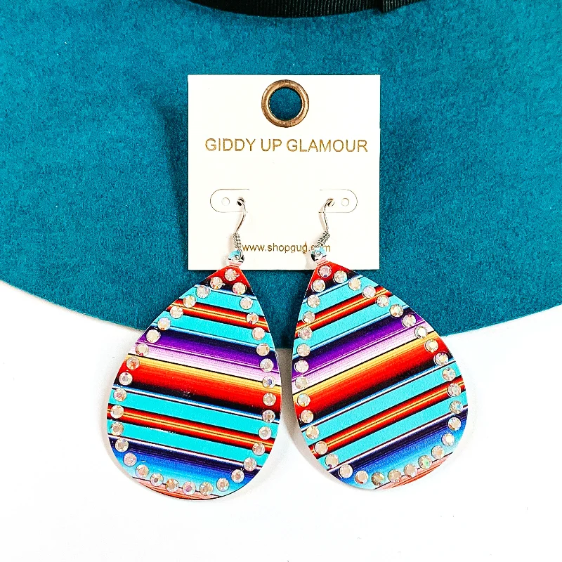 Gorgeous Stud Earrings-Serape Print Teardrop Earrings with AB Crystals in Turquoise Mix