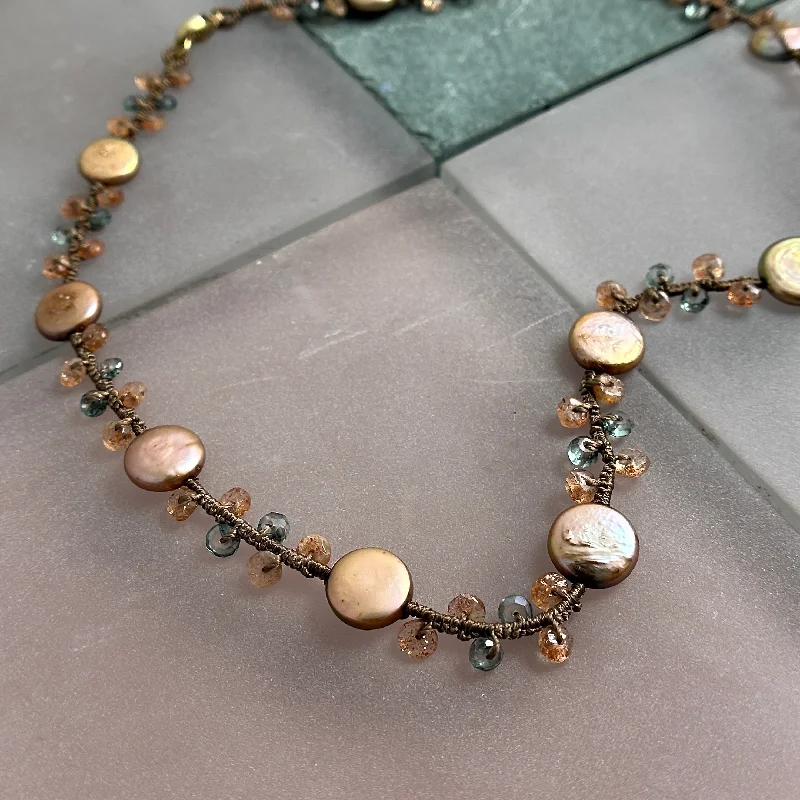 Silver Necklace with Pearls-Coin Pearl, Sunstone & Quartz Necklace