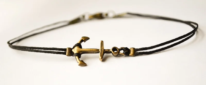 Dainty Diamond Bracelet for Women-Bronze anchor bracelet for men, black cord, custom color and size, gift for him