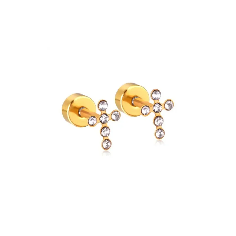 Cute Pearl Earrings-Linny Co | Clara Cross Gold Tone Flatback Stud Earrings