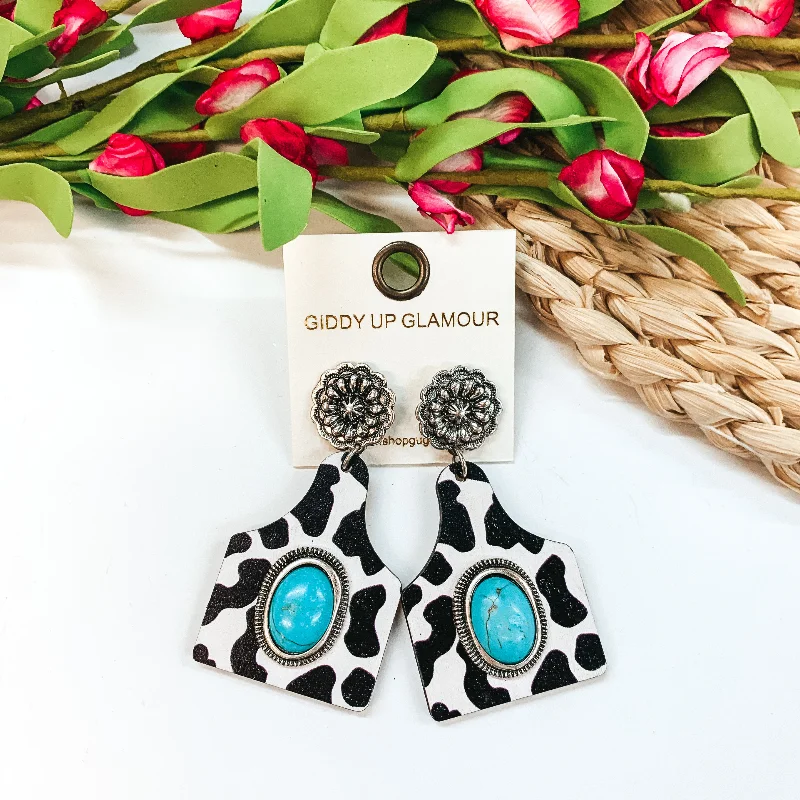 Black Diamond Earrings-Concho Post Ear Tag Earrings with Turquoise Stone in Cowprint