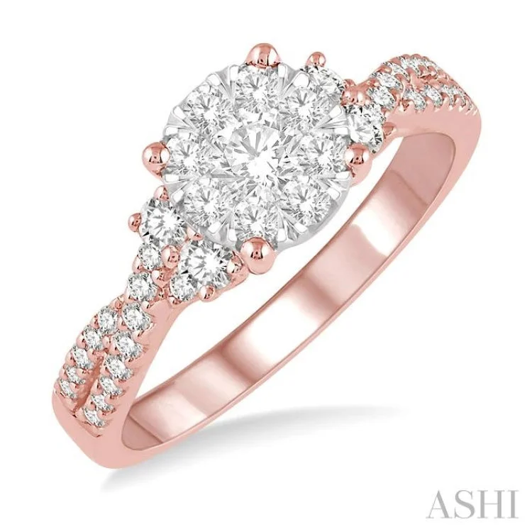 Gemstone Wedding Band-3/4 ctw Crossed Split Shank Lovebright Diamond Cluster Ring in 14K Rose and White Gold