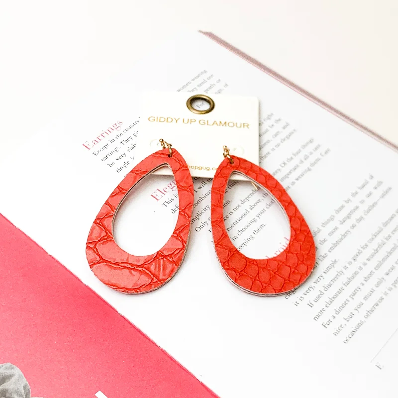 Gold Earrings for Teens-Faux Crimson Red Snakeskin Teardrop Earrings