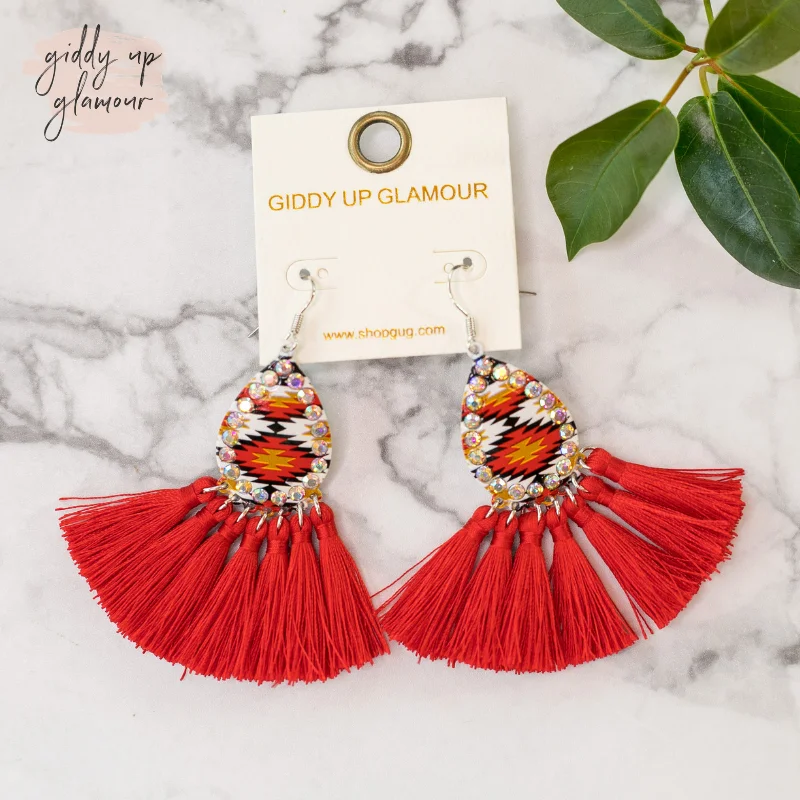 Elegant Gemstone Earrings-Aztec Print Tassel Earrings in Red