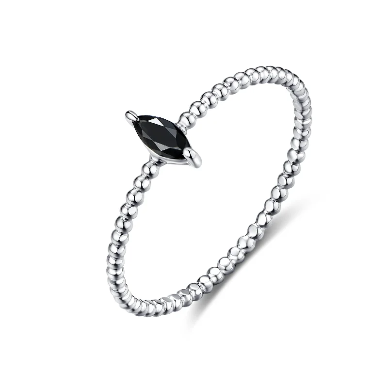 Platinum Wedding Band for Women-Marquise Black Diamond Beaded Ring