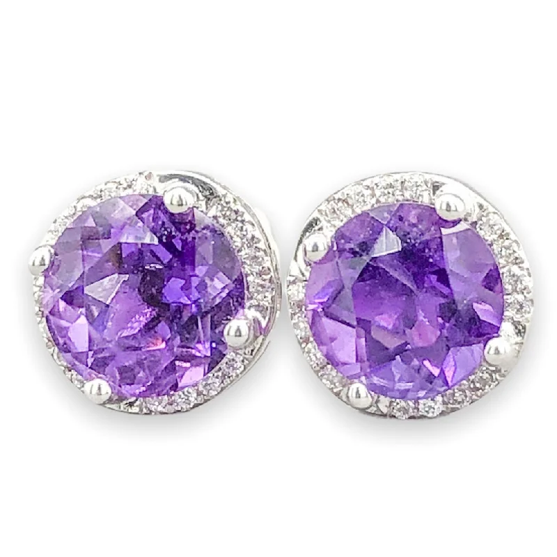 Luxury Wedding Earrings-14K W Gold 1.24cttw Amethyst & 0.26cttw SI1/H Diamond Halo Stud Earrings