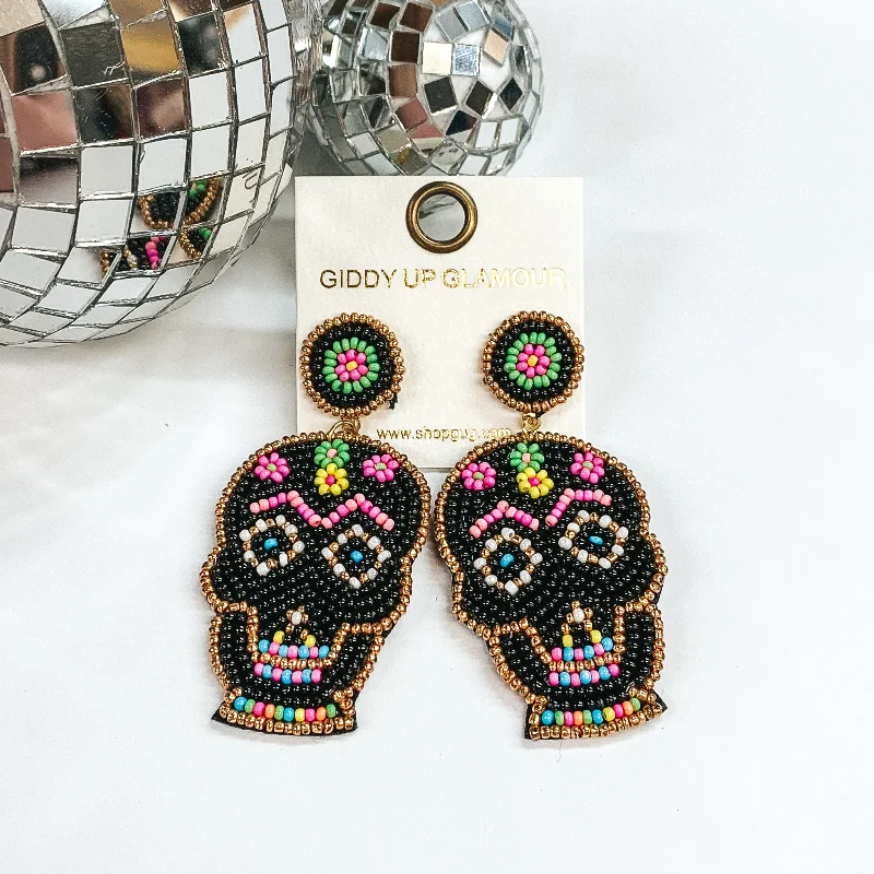 Stunning Crystal Earrings-Seedbeaded Sugar Skull Post Earrings in Black