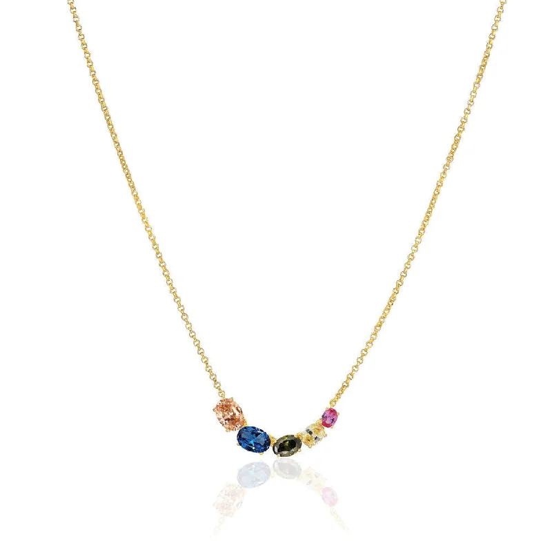 Fine Gold Necklace-Ellisse Cinque 18K Gold Plated Necklace w. Colored Zirconias