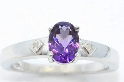 Designer Wedding Ring for Women-1 Ct Amethyst & Diamond Oval Ring .925 Sterling Silver Rhodium Finish