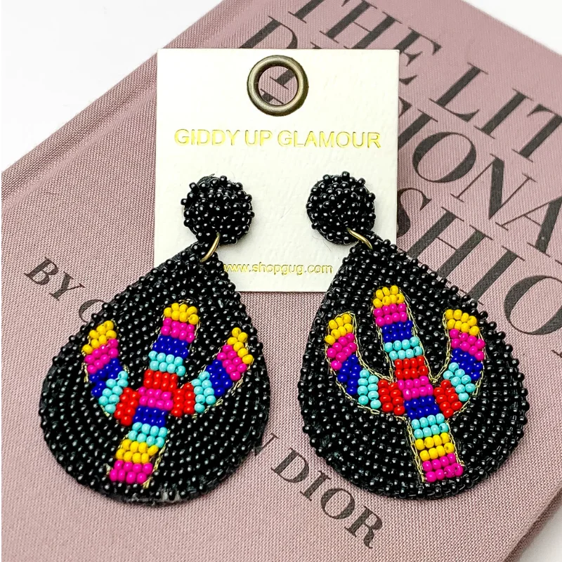 Unique Wedding Earrings-Beaded Multi-Color Cactus Earrings in Black