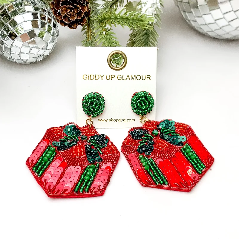 Round Diamond Earrings-Beaded Present Box Earrings in Red and Green