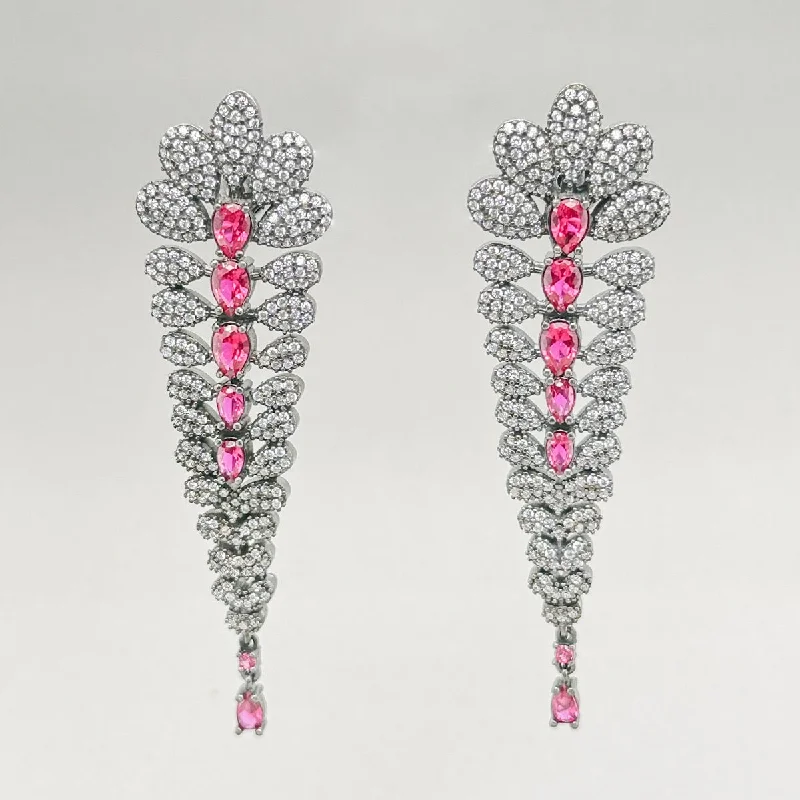 Modern Drop Earrings-SS Pink & White CZ Dangle Earrings