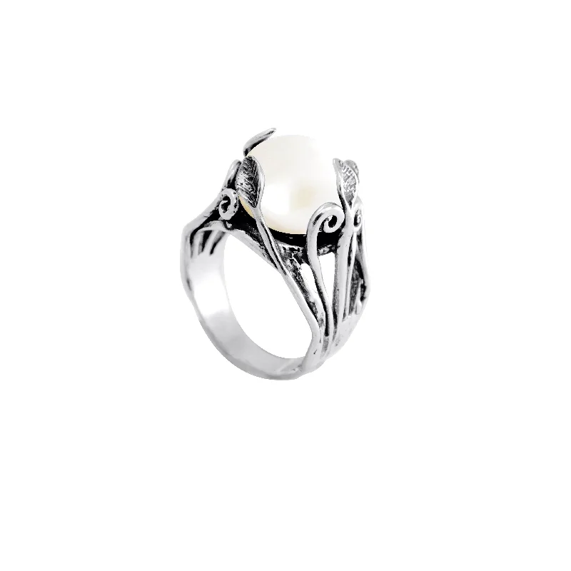 Elegant Wedding Ring with Sapphires-Branches Wrapped Pearl Ring R10067