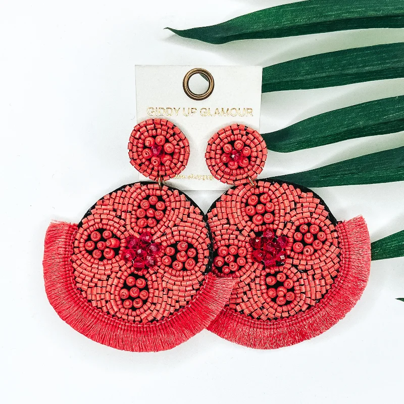 Classic Dangle Earrings-Large Seedbead and Crystal Beaded Statement Earrings with Fringe Trim in Coral