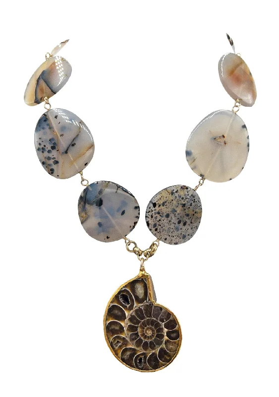 Wedding Necklace for Bride-Animal Print Agate Ammonite Pendant in Gold Foil Necklace