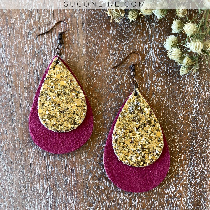 Wedding Earrings with Silver-Small Leather Teardrop Earrings with Gold Glitter Accent in Magenta