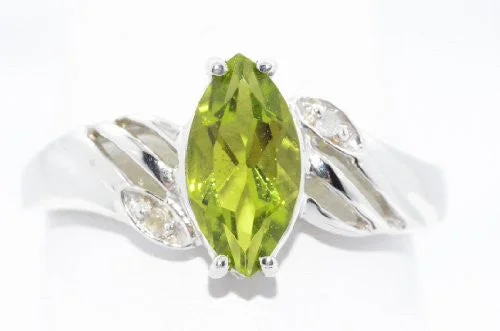 Custom Silver Engagement Ring-1 Ct Peridot & Diamond Marquise Ring .925 Sterling Silver Rhodium Finish