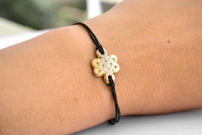 Luxury Leather Bracelet-Gold Infinity bracelet for women, endless celtic knot bracelet, black string