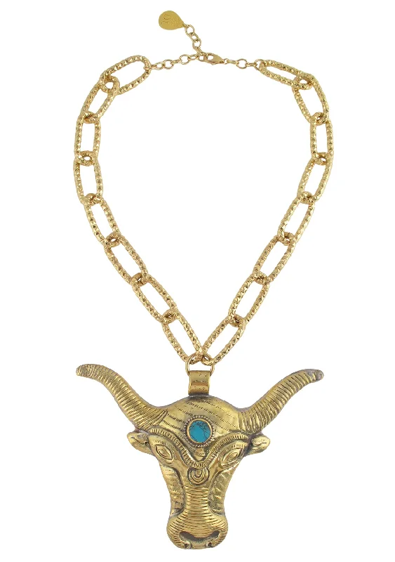 Luxury Diamond Necklace-Brass Bull Turquoise Pendant Necklace