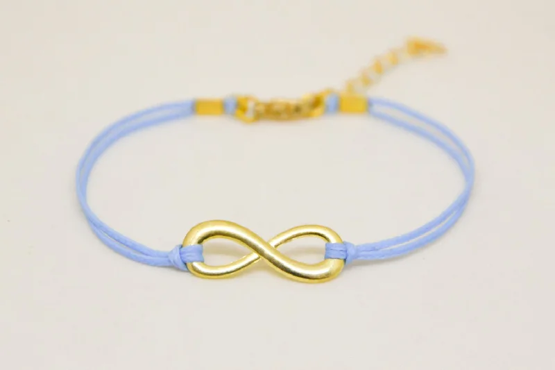 Gemstone Tennis Bracelet-Gold infinity bracelet, womens bracelet with a blue cords, adjustable