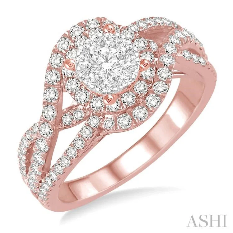 Custom Wedding Band with Diamonds-1 1/10 ctw Round Cut Diamond Lovebright Engagement Ring in 14K Rose and White Gold