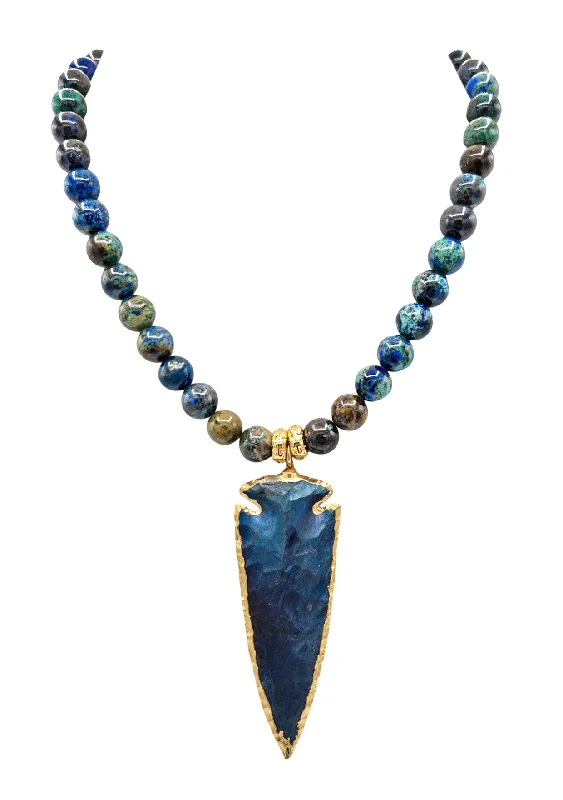 Rose Gold Pendant Necklace-Chrysocolla Blue Arrowhead in Gold Foil Pendant Necklace