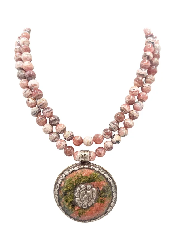 Personalized Gold Pendant Necklace-Rhodochrosite Tibetan Silver and Jasper Pendant Necklace