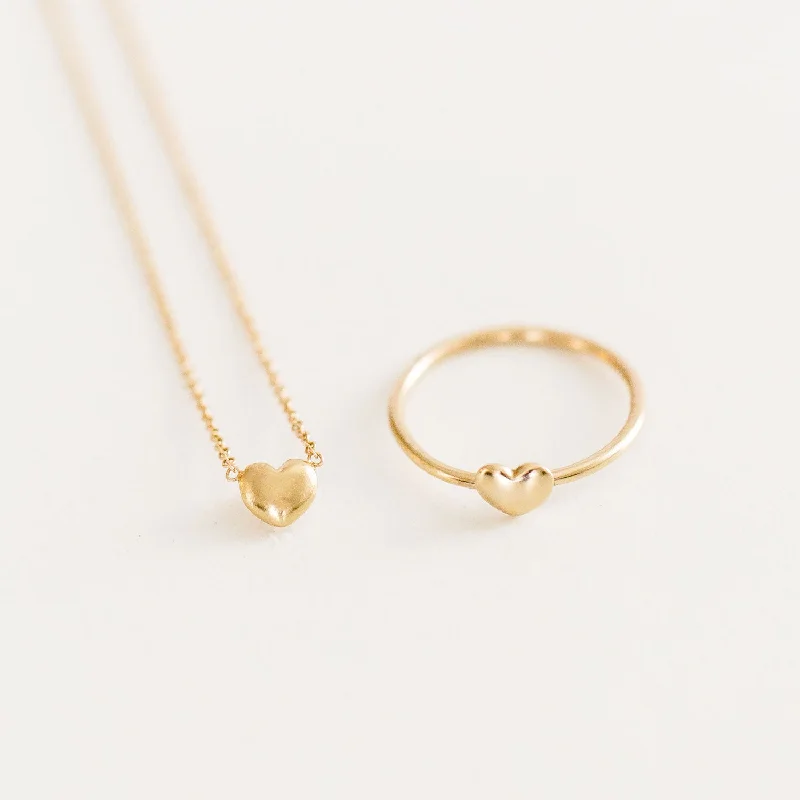 Trendy Choker Necklace-14K Puff Heart Necklace + Ring Set