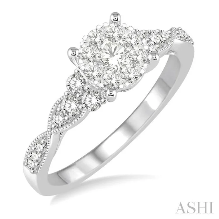 Sparkling Engagement Ring-1/2 ctw Round Cut Diamond Lovebright Engagement Ring in 14K White Gold