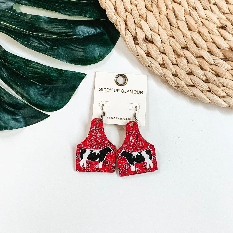 Artistic Earrings for Women-Wooden Cattle Tag in Red Paisley