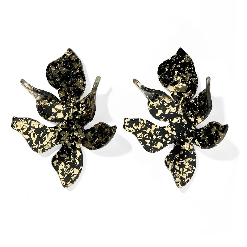 Crystal and Pearl Earrings-Linny Co | Flora Drop Earrings in NYE Gold Black Metallic