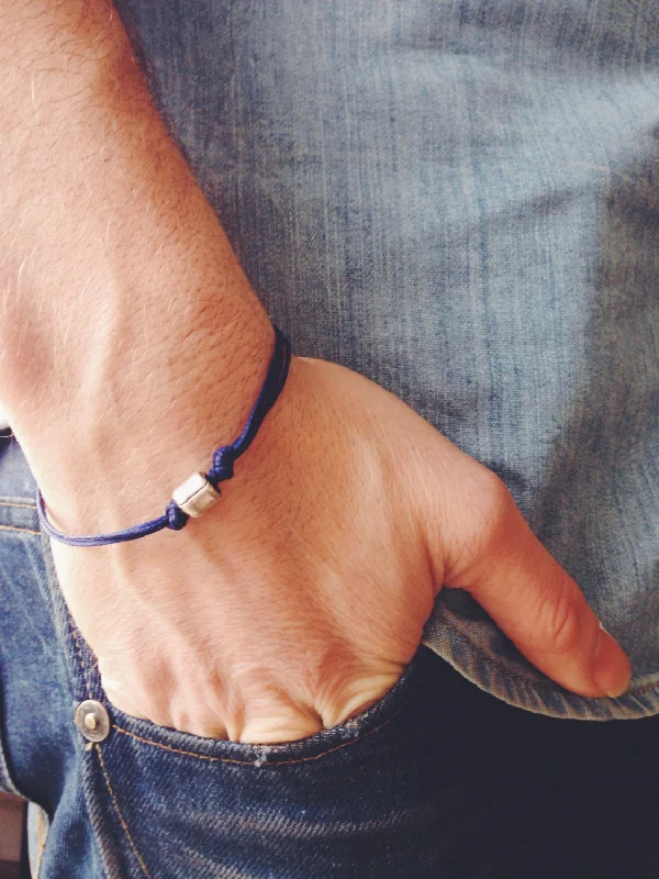 Stunning Gemstone Bracelet-Silver tube bead bracelet for men with a blue cord, gift for him