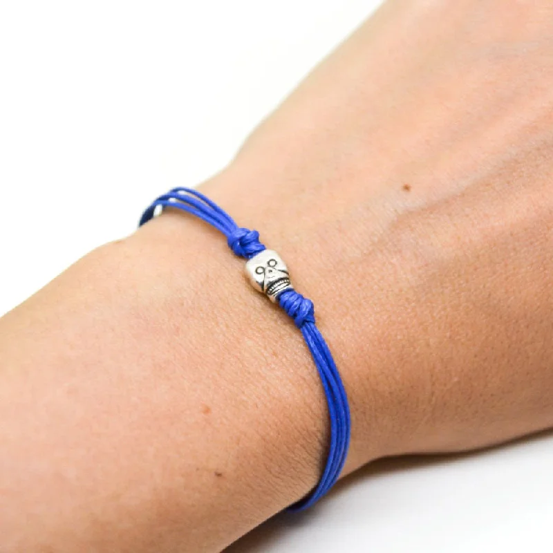 Adjustable Friendship Bracelet-Silver skull bead bracelet, blue cord, gift wrapped