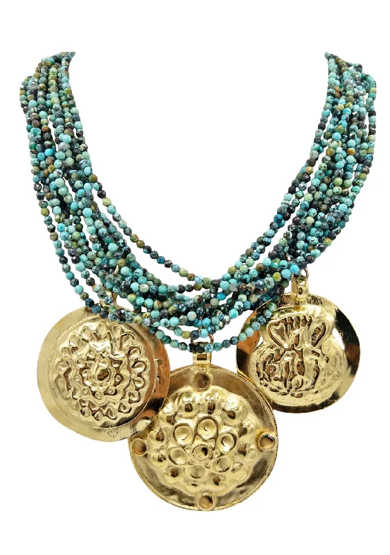 Classic Gold Necklace-Turquoise Triple Gold Medallion Necklace