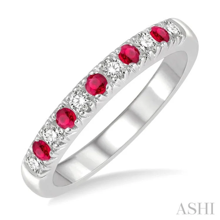 Wedding Ring Set with Sapphire-2 MM Ruby and 1/5 ctw Round Cut Diamond Precious Wedding Band in 14K White Gold