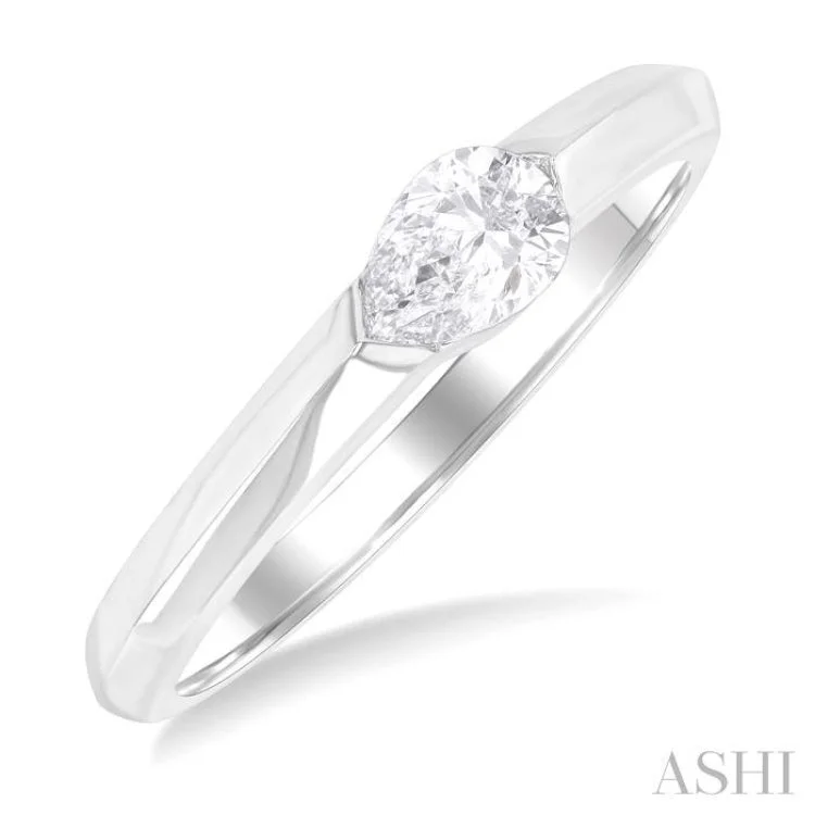 Simple Platinum Wedding Band-1/3 ctw East-West Set Pear Cut Diamond Solitaire Fashion Ring in 14K White Gold