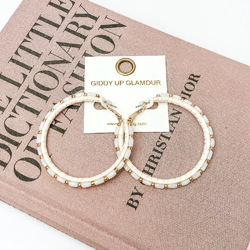 Luxury Wedding Earrings-Circle Beaded Hoop Earrings with Gold Tone Spacers in Ivory