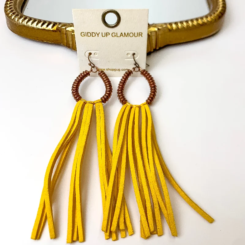 Large Drop Earrings for Weddings-Copper Tone Metal Disk Beaded Teardrop Earrings with Yellow Faux Leather Tassels