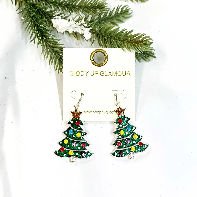 Charming Earrings for Women-Christmas Tree Epoxy Earrings with Gold Tone Star and Multicolor Rhinestones