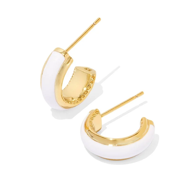 Luxury Earrings for Wedding-Kendra Scott | Ainsley Gold Huggie Earrings in White Enamel