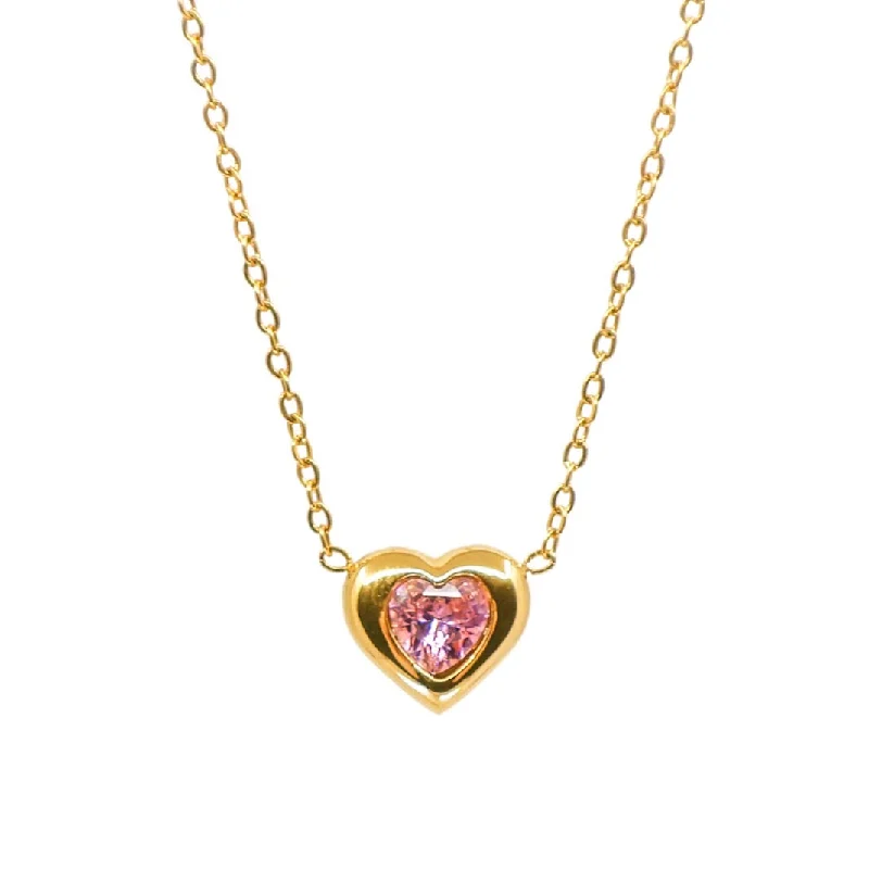 Designer Pendant Necklace-The Pink Stone in Gold Heart Necklace