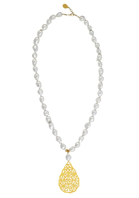 Fine Diamond Necklace-Baroque Pearl Gold Filigree Pendant Necklace