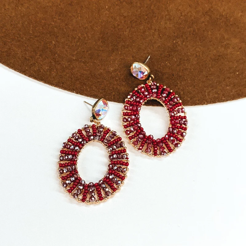 Diamond Hoop Earrings-Pink Panache | AB Cushion Cut Post Earrings with Burgundy Beaded Oval Pendant