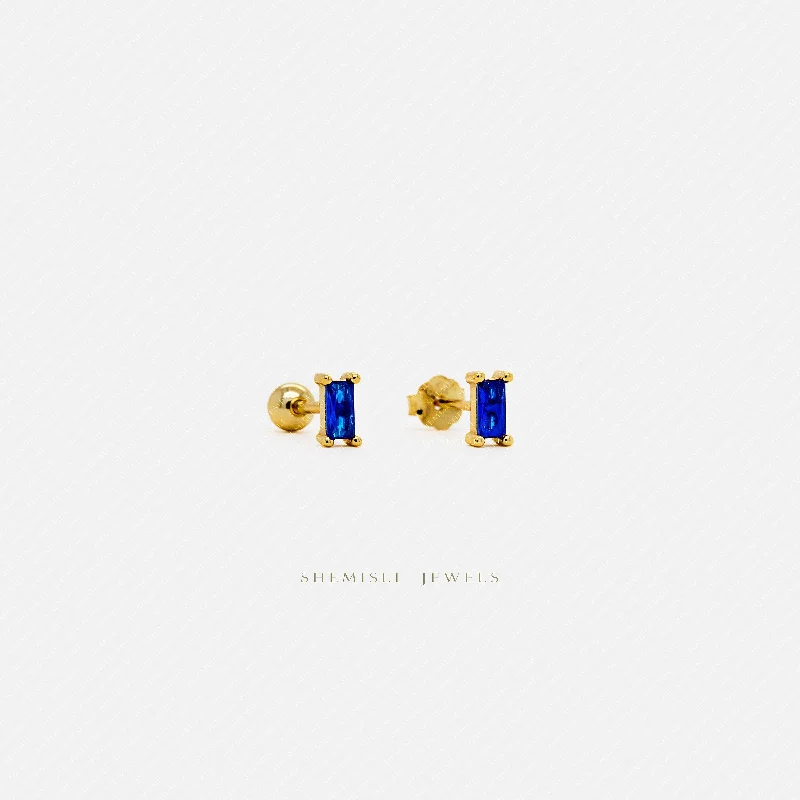 Gemstone Stud Earrings-Tiny Sapphire Baguette Stud Earrings, Unisex, Gold, Silver SHEMISLI SS339 Butterfly End, SS457 Screw Ball End (Type A)