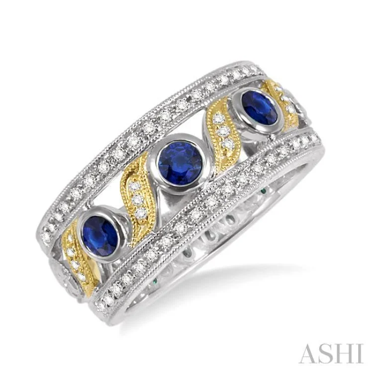 Designer Ring with Birthstone-3 MM Diamond cut Round Sapphire and 1/6 ctw Round Cut Diamond Precious Fashion Ring in 14K White and Yellow Gold