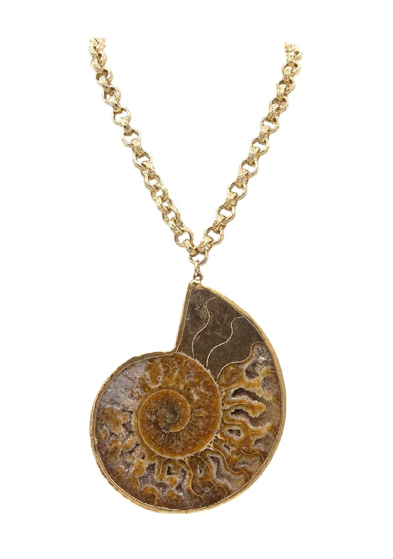 Trendy Wedding Necklace-Large Fossilized Ammonite Pendant Necklace