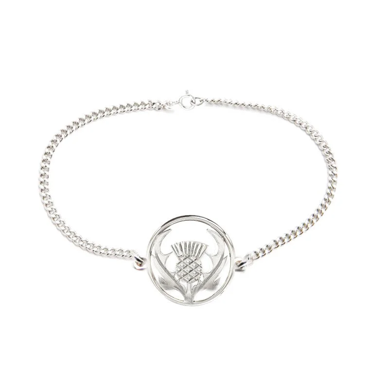 Personalized Name Charm Bracelet-Round Scottish Thistle Bracelet in Silver