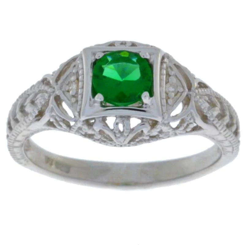 Custom Sapphire Wedding Ring-0.50 Ct Emerald & Diamond Round Ring .925 Sterling Silver