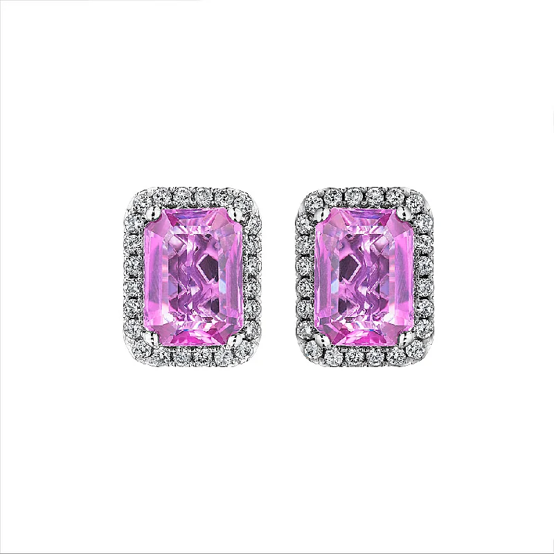 Minimalist Stud Earrings-Emerald Cut Pink Sapphire & Diamond Halo Earrings