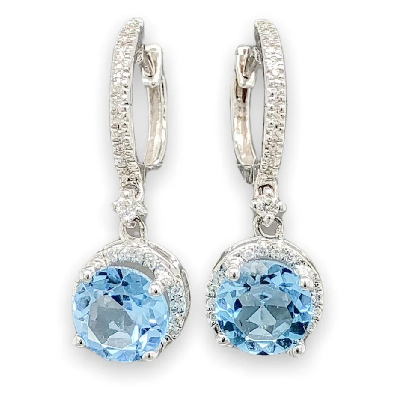 Colorful Drop Earrings for Women-14K W Gold 1.44cttw Blue Topaz & 0.26cttw Diamond Halo Dangle Earrings